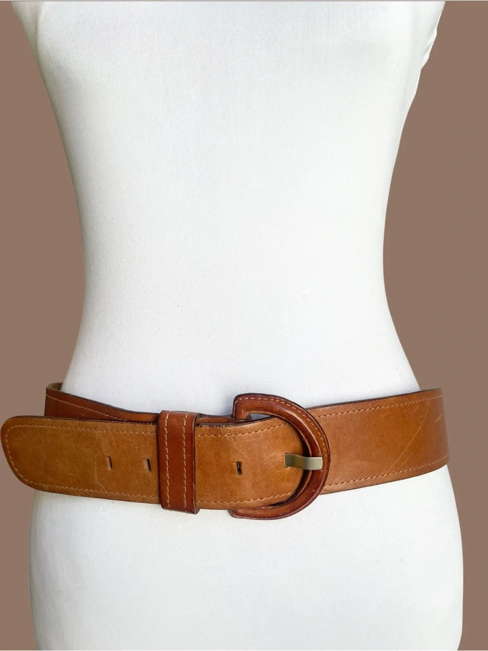 Cognac Brown Leather Wide Waist Belt Oversized D Buckle Size M